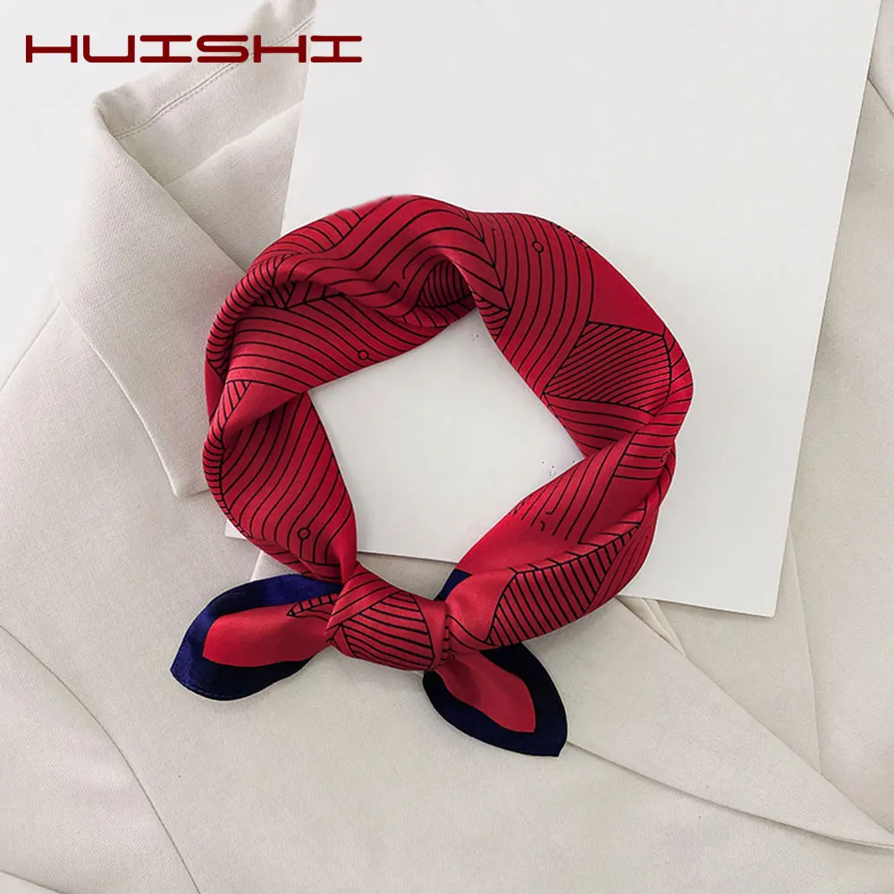 

HUISHI Luxury Silk Scarf Women Print Plaid Solid Silk Scarves Neckwear Bag Party Summer Collocation All Match Bandana Head Band