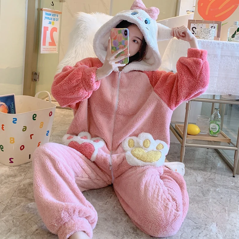 Women Sleepwear Plush Winter Pajamas Fashion Home Wear Cartoon Hooded Coral Velvet Nightgown Plus Size Flannel Nighty Add Fleece