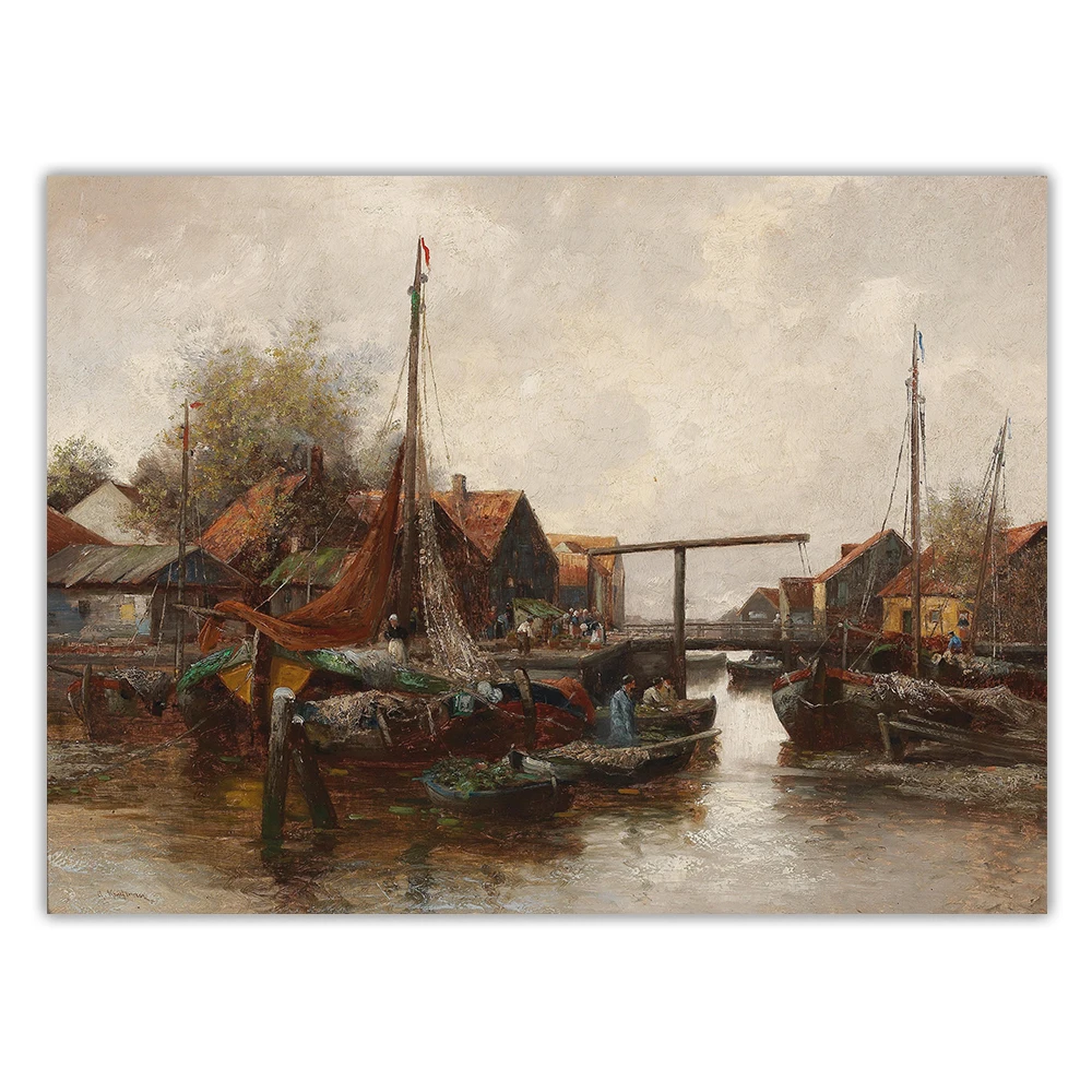 Adolf Kaufmann《In the Harbor》Canvas Oil Painting Art Aesthetic Poster Picture Wall Hanging Decor Home Living Room Decoration