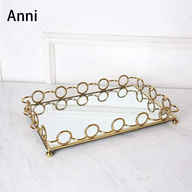 Gilded Metal Mirror Storage Tray Creativity Home Afternoon Tea Cake Trays Frame Circle Living Room Desktop Tableware Organizer