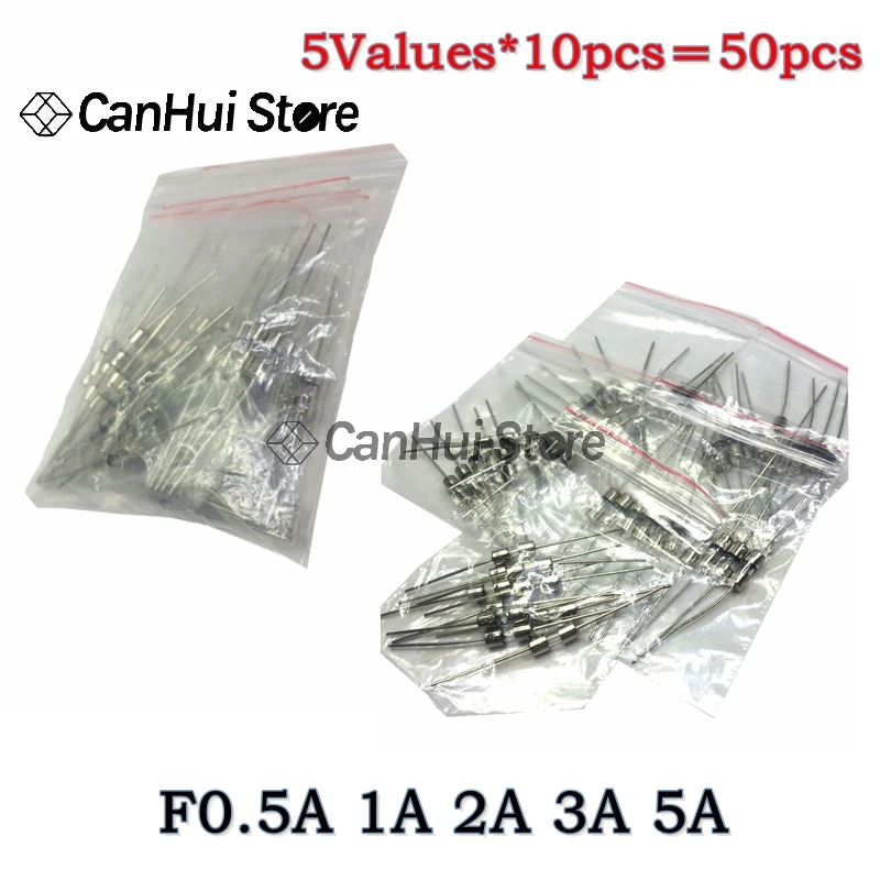 50PCS/LOT 5Values Fast Quick Blow Glass Tube Fuses With Pin Assortment Kit 3x10mm 0.5A 1A 2A 3A 5A/250V Glass fuse with pin