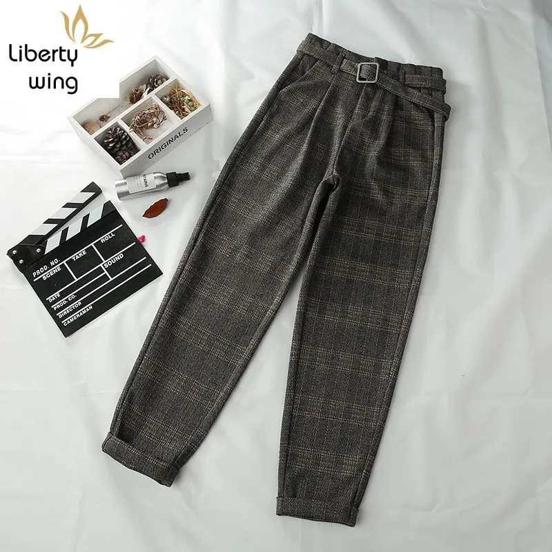 

England Style Loose Fit Straight Womens Woolen Plaid Trousers Vintage Fashion High Waist Sashes Casual Female Ankle Lenght Pants