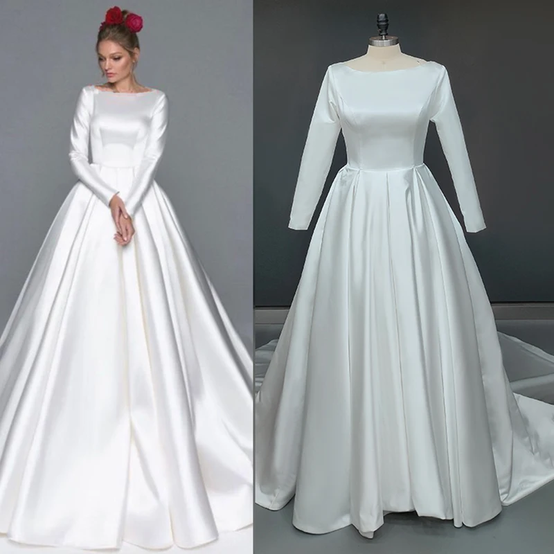 Luxe Satin Muslim Boat Neck Wedding Dress Long Sleeves Buttons Custom Made Plus Size Simple Chapel Train Ballgown Bridal Gown