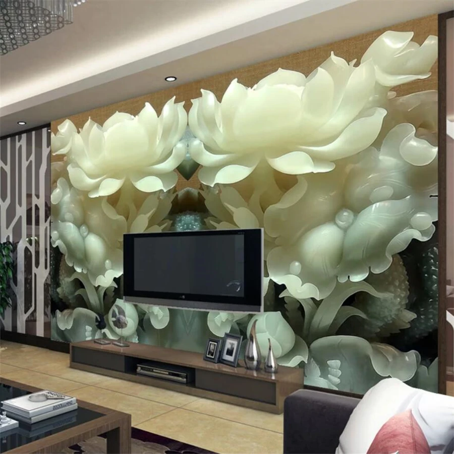 

Custom Wallpaper 3d white marble jade carving Murals European Style gold three sheep open Thai Living Room Hotel Background wall