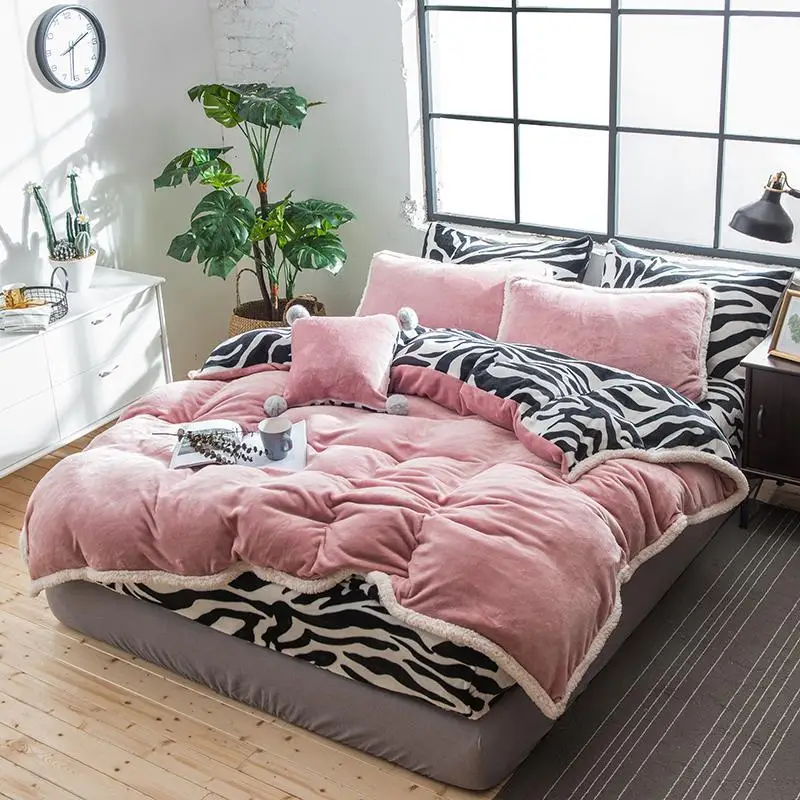 J1 Fleece Fabric Bedding Set Velvet Flannel Duvet Cover Black White Zebra Pattern Bed sheet/Linen Pillowcase