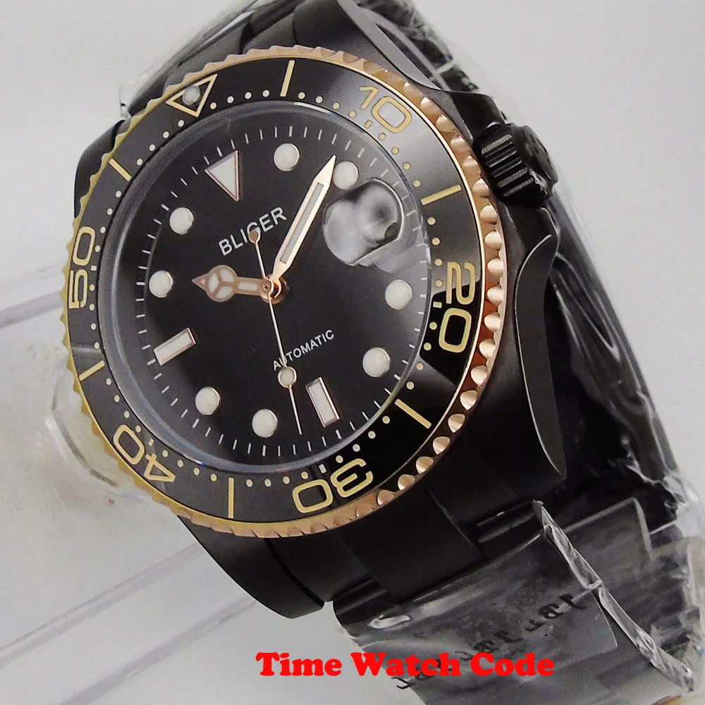 NH35/Miyota8215 Automatic Men's Watch Fully Black PVD Coated Sapphire Crystal Date Cyclops Ceramic Rose Gold Bezel 40mm Bliger