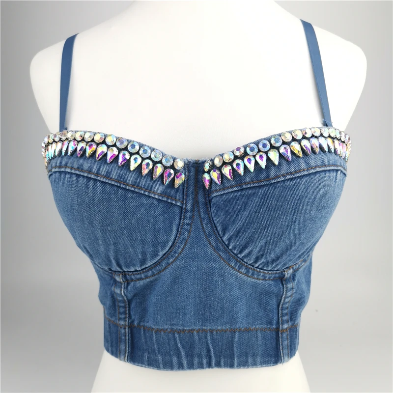 Hand Made Diamond Cowboy Push Up Denim Bustier Tops Vrouwelijke Ripped Sexy Cropped Feminino Strappy Bralette Bh Camis Tops Gewassen