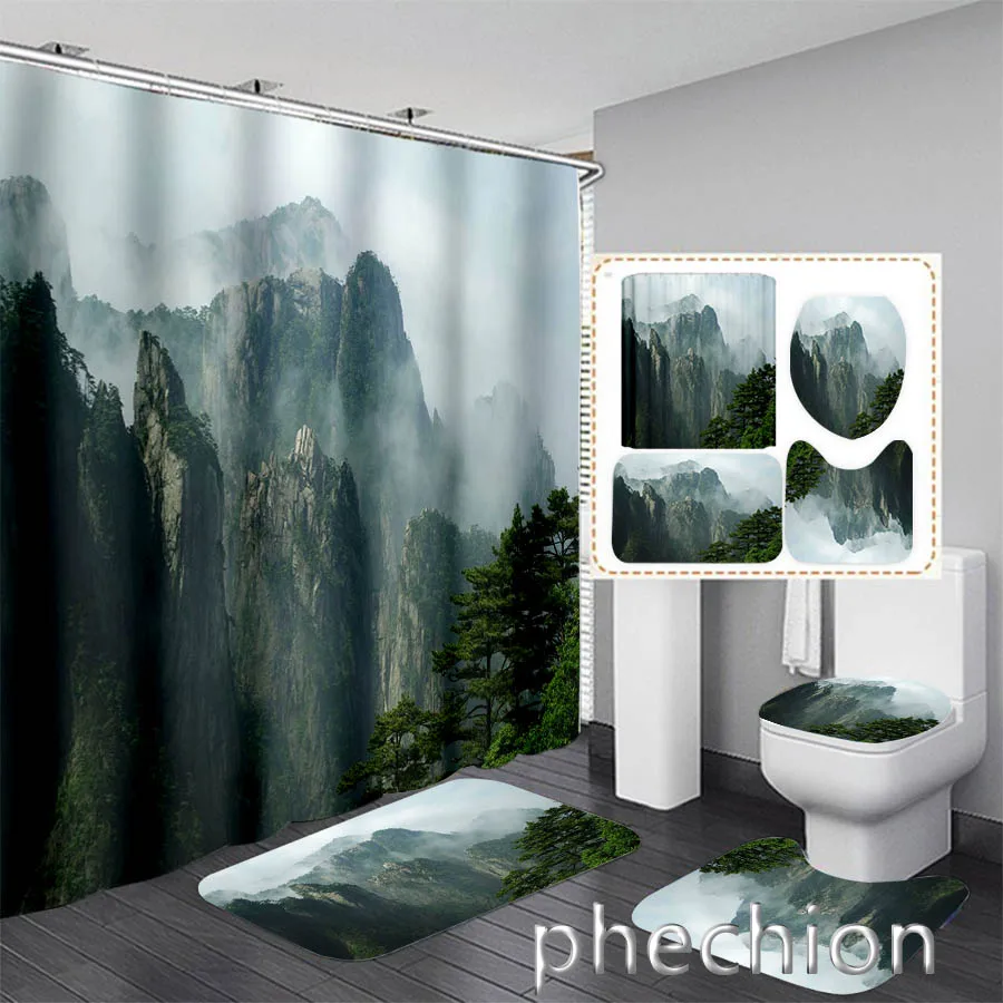 Phechion Landscape Art 3D Printing Waterproof Bathroom Shower Curtain Toilet Cover Mat Non-Slip Floor Mat (1/3/4Pcs) W23