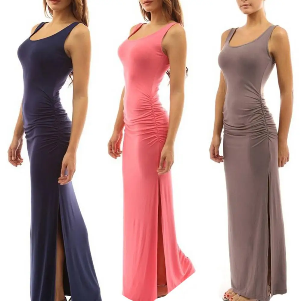 Hot Verkoop Solid Kleur Vrouwen Hals Mouwloos Zomer Maxi Side Split Ruches Lange Jurk