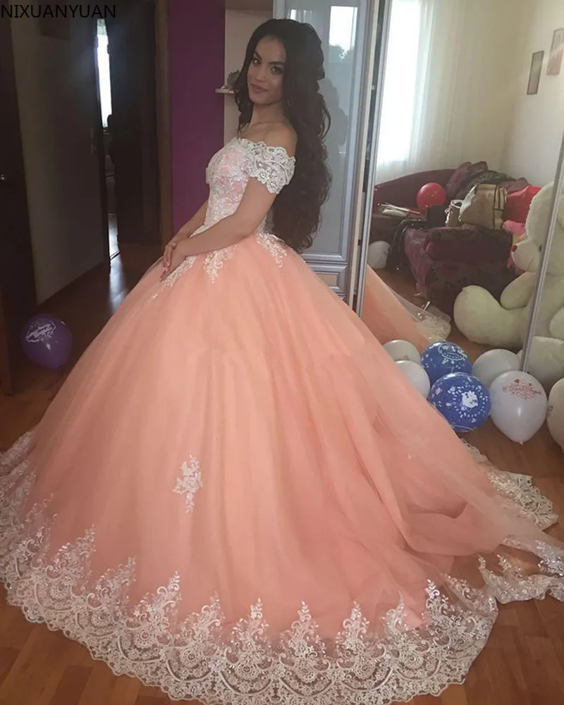 Vestido de baile de quinceañera, vestidos de manga corta con cuello de barco, apliques de tul de talla grande, 16 vestidos de graduación Arabia Saudita