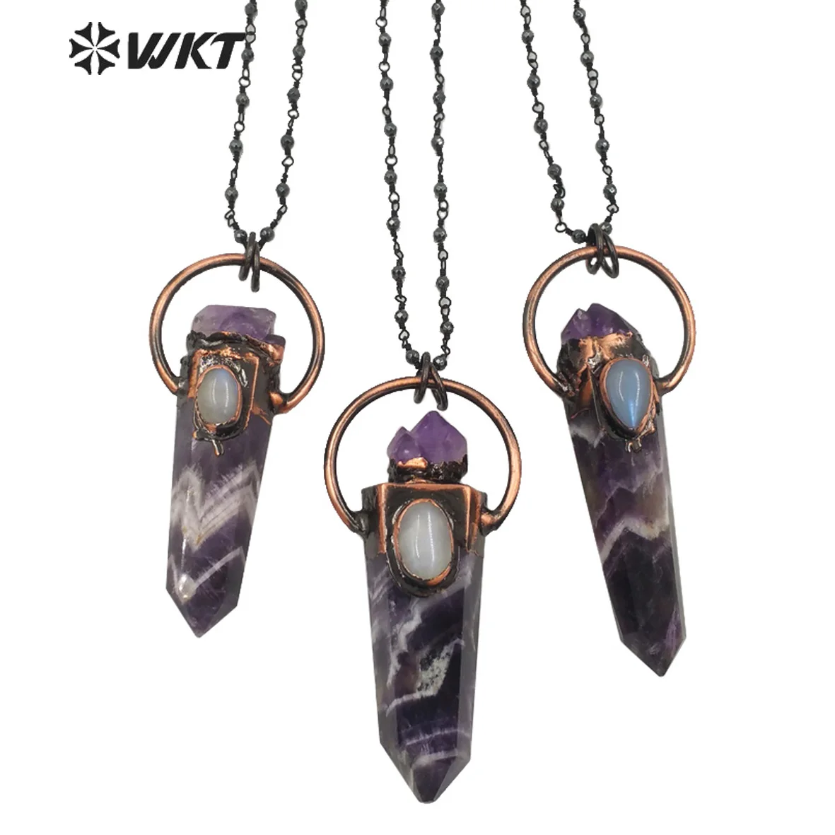 WT-N1264 Gorgeous Lady A-Methyst Point Necklace Antique Copper Plated Fashion Vintage Natural Stone Pendant Necklace