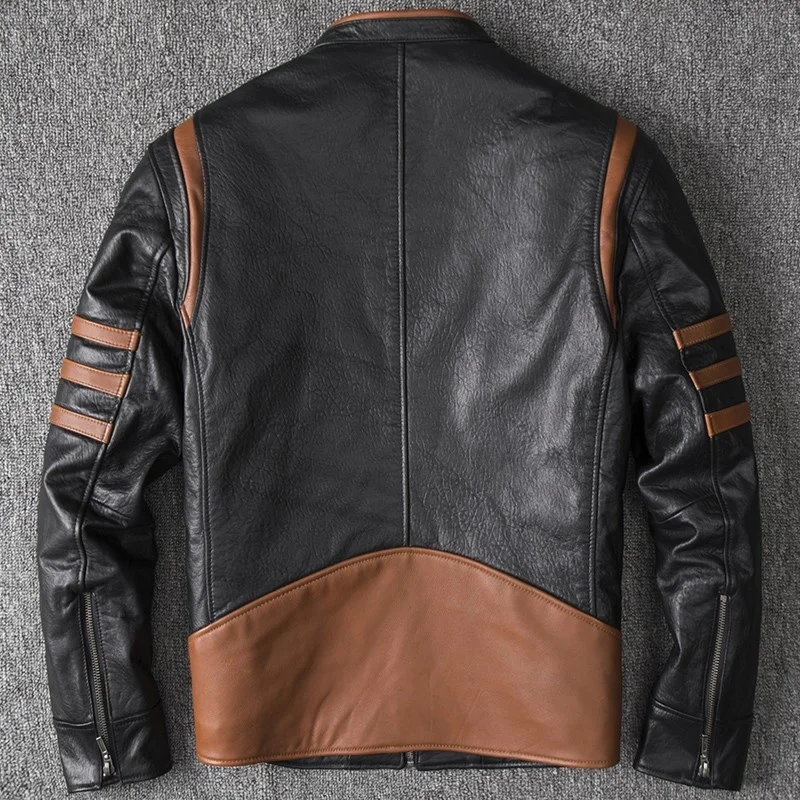 Motorcycle Mens Biker Windproof Leather Jacket Striped Colors Mixed Sheepskin Real Leather Jacket Short Stand Collar Slim Coat