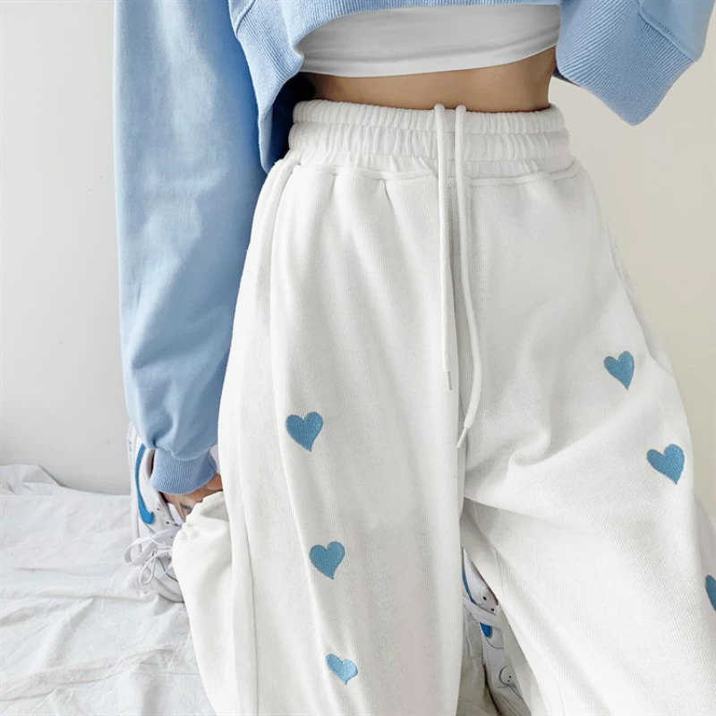 Korean Women Casual Loose Heart Print Streetwear Sweatpants Femme High Waist Harajuku Trousers Wide Leg Sport Jogger Harem Pants