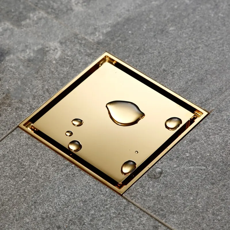 Luxury gold brass 100*100mm 4 inch floor drain bathroom shower drain top quality drainer Invisible insert ceramic tile