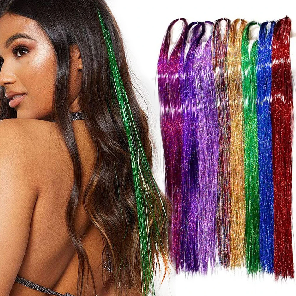 100cm 150Strands/pcs Sparkle Hair Tinsel Bling Hair Secoration For Synthetic Hair Extension Glitter Rainbow For Girls And Party