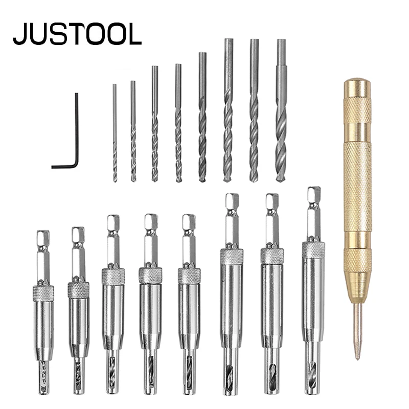 JUSTOOL 18PCS Core Drill Bit Set Hole Puncher Hinge Tapper Hinge Drilling Bit for Doors Self Centering Woodworking Power Tools