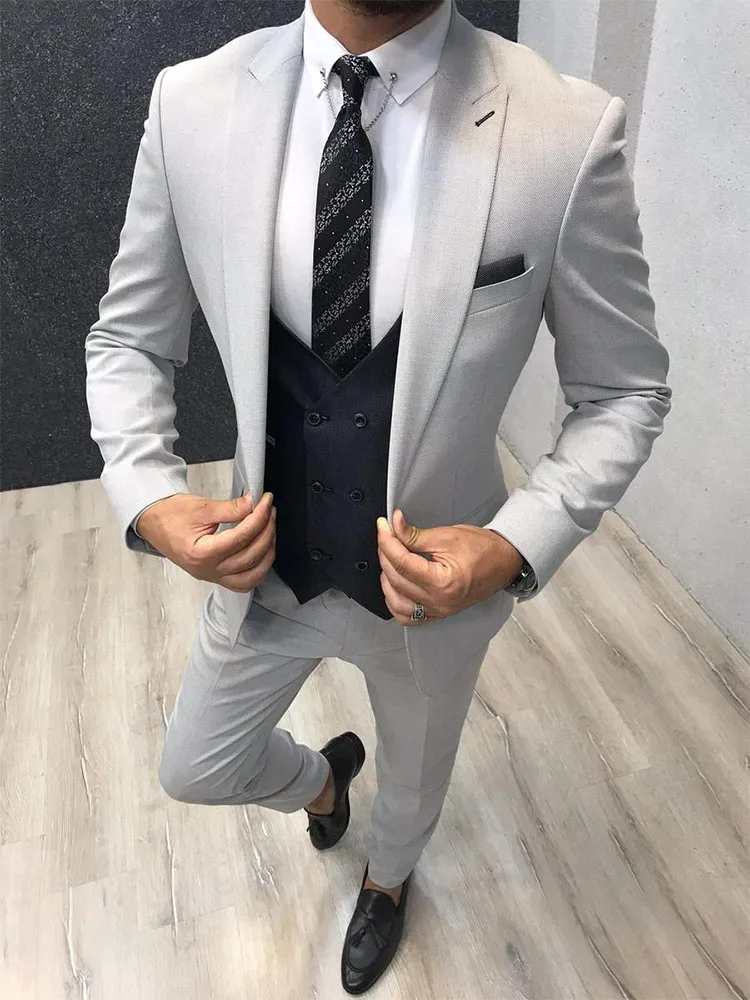 

ANNIEBRITNEY Grey 3 Piece Slim Fit Men Fashion Suit Cutsom Groom Wedding Tuxedo Prom Wedding Tailor Made Men Suit With Pants