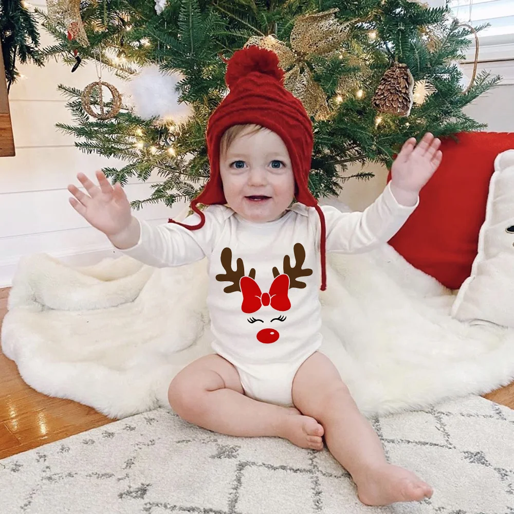 Funny Christmas Deer Newborn Baby Bodysuits White Long Sleeve Full Jumpsuits Boys Girls Infant Comfortable Playsuits Xmas Gifts