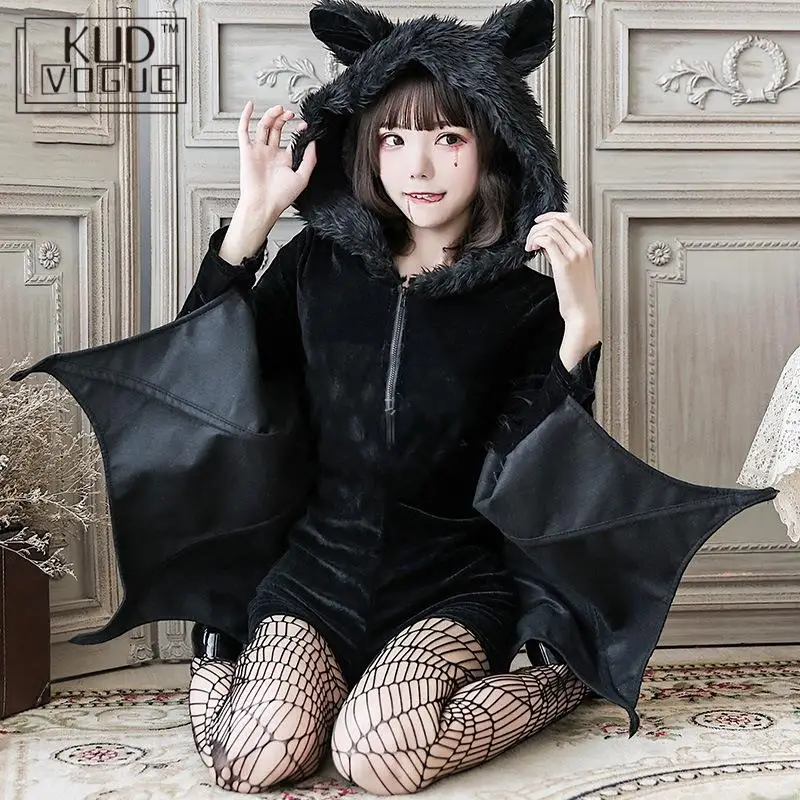 Vampire Bat Cosplay Costumes Masquerade Woman Black Evil Horror Hooded Vampire Bat Sleeve Halloween Christmas New Year Show Cos