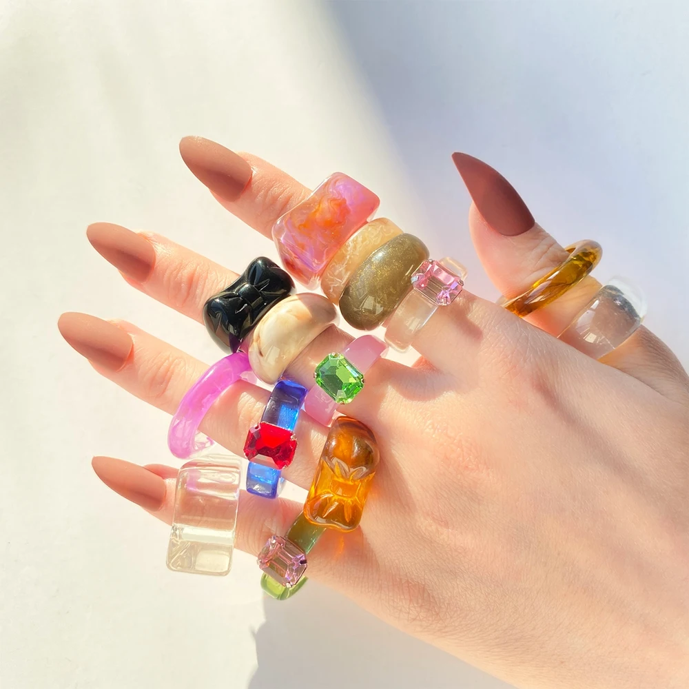 EN 2021 New Transparent Resin Acrylic Rhinestone Colorful Geometric Square Round Rings Set for Women y2k Jewelry Party Gifts