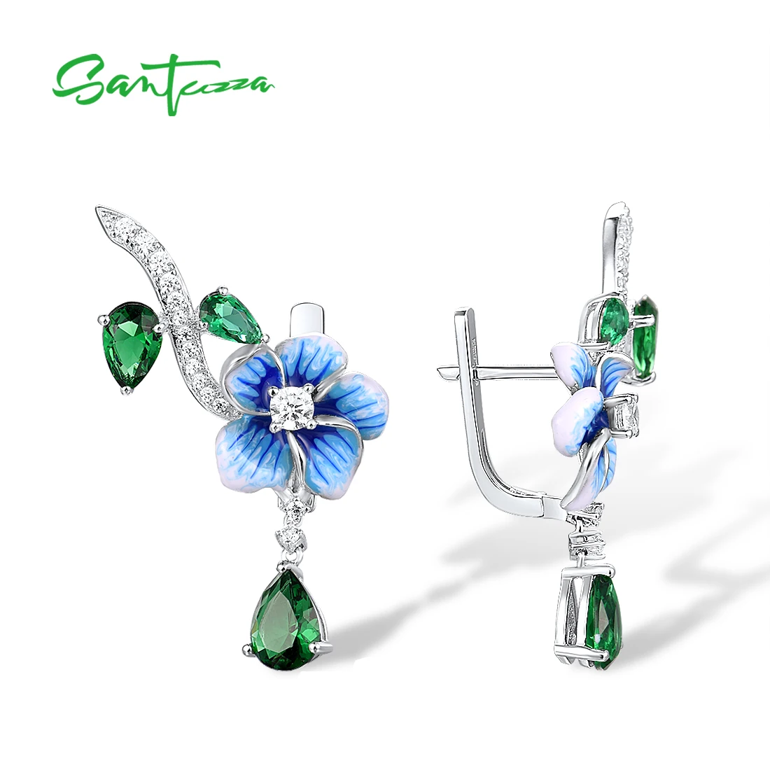 SANTUZZA 925 Sterling Silver Drop Earrings For Women Sparkling Green Stones White CZ Blue Flower Enamel Fine Jewelry Handmade