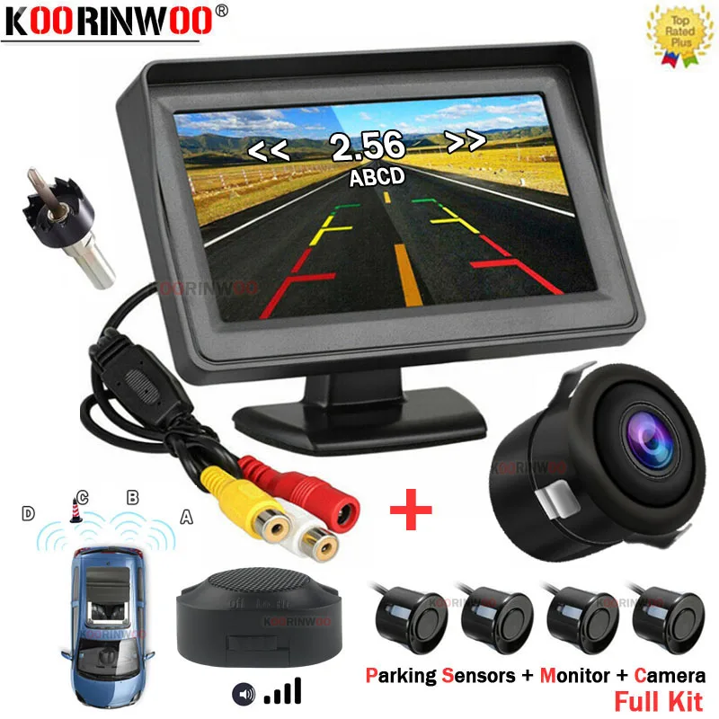 Koorinwoo Parkmaster 4 Sensors Buzzer Alert Car Parking Sensor 4.3 Inches Car Monitor Rear Backup Camera Assistance System black