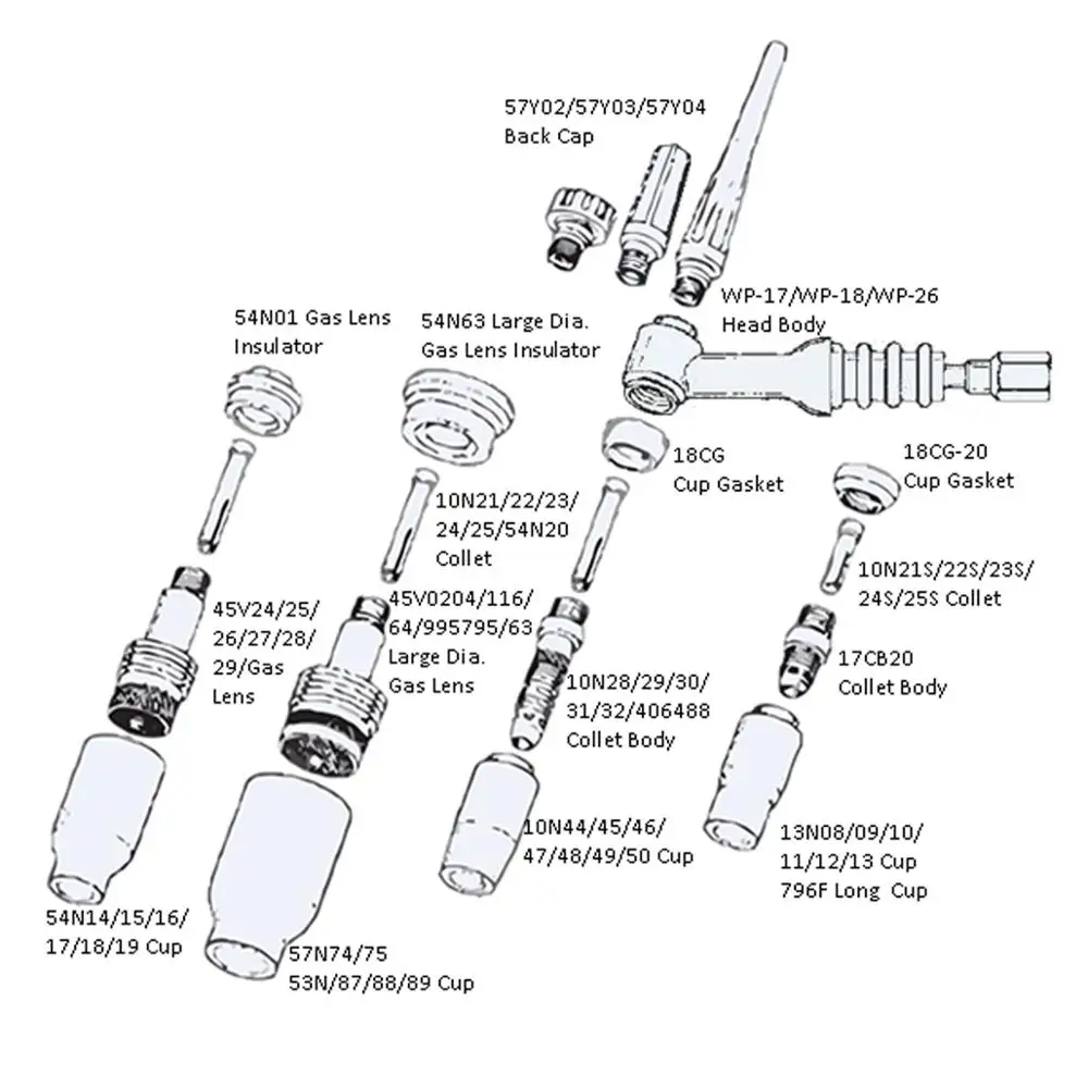 Сварофонарь, корпус головки 26FV, гибкий и клапан 200A, Air-Cool WP-26FV Series