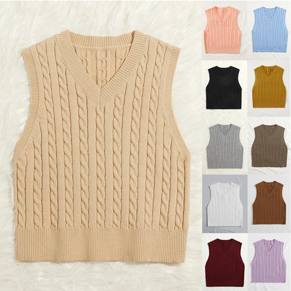 2021 New Sweater Vest Women Oversize Crop Blue V neck Sleeveless Stiped Knitted Crop Sweaters For Students girls Harajuku Tops