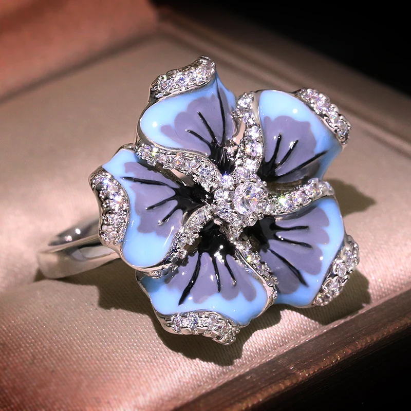 Milangirl High Quality Jewelry For Woman Gorgeous Blue Flower Ring Fashion Trendy Jewelry HANDMADE Enamel Ring