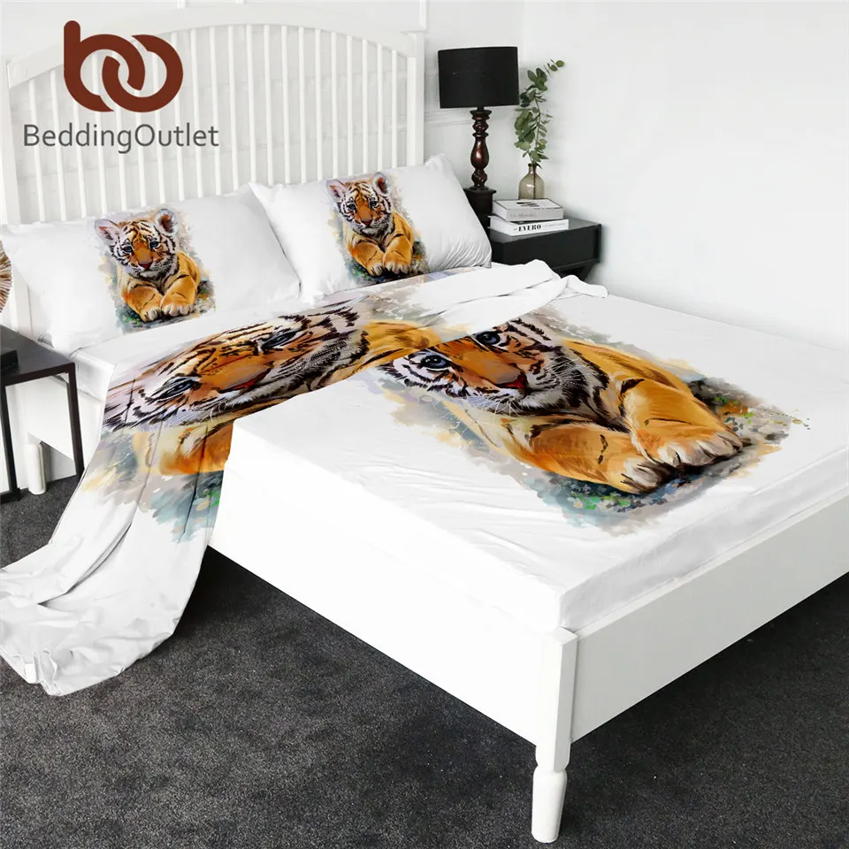 

BeddingOutlet Tiger Baby Fitted Sheet Watercolor Bed Sheet Set Wild Animal Flat Sheet White Bedding King 4-Piece Mattress Cover