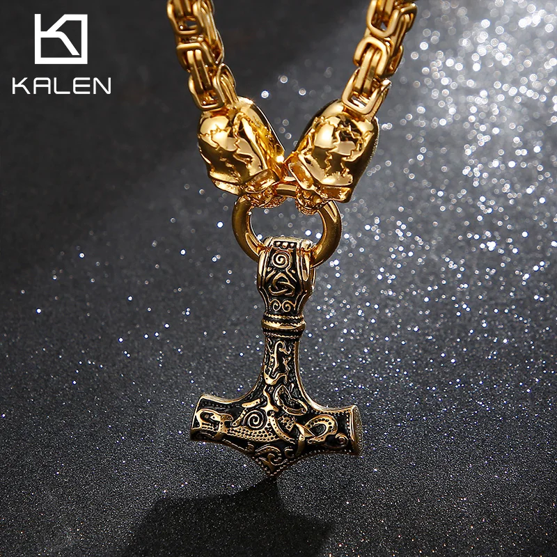44*33mm Men Skull Head With Thor Hammer Pendant Necklace Viking King Chain