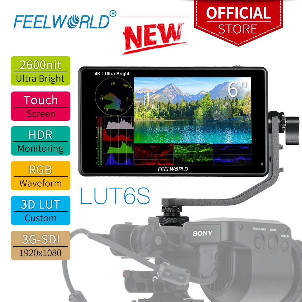 FEELWORLD 6 Inch 2600nits  Touch Screen 3D LUT HDR Camera Field DSLR Monitor with  Waveform for Stabilizer Youtube LUT6S