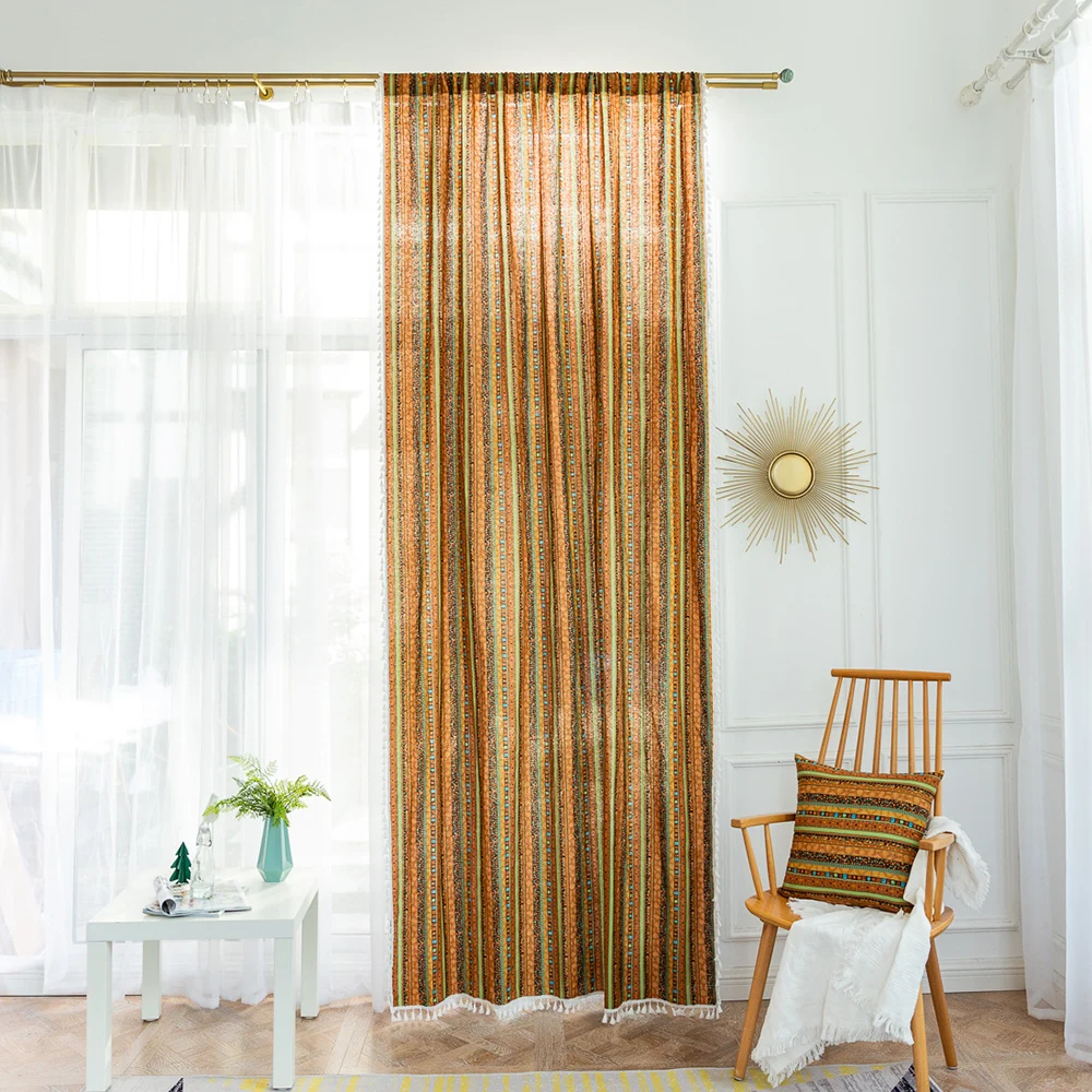 

American Style Tassel Curtain Cotton Linen Finished Curtains For Living Room Blinds Bedroom Bay Window Home Decor