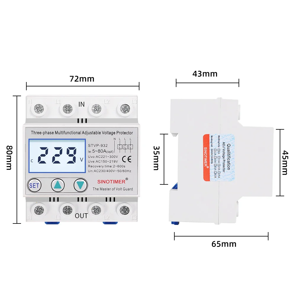 Industrial Three Phase AC 380V 80A Adjustable Surge Voltage Protector Automatic Recovery Over Under Voltage Potective Device