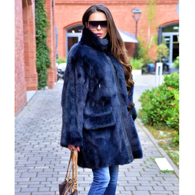 BFFUR Fashion Long Mink Fur Coats Stand Collar Winter Women Real Fur Coats Outwear Navy Blue Genuine Pelt Mink Fur Jcakets