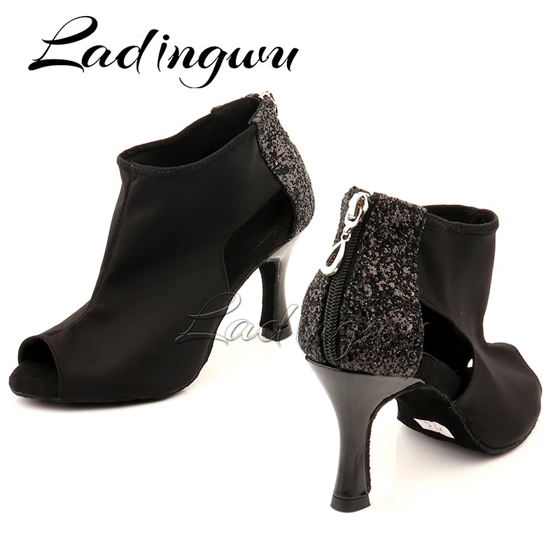 Ladingwu Woman Latin Dance Shoes Boots Ballroom Waltz Samba Modern Dancing Shoes For Girls Black Stretch Fabric And Glitter Danc