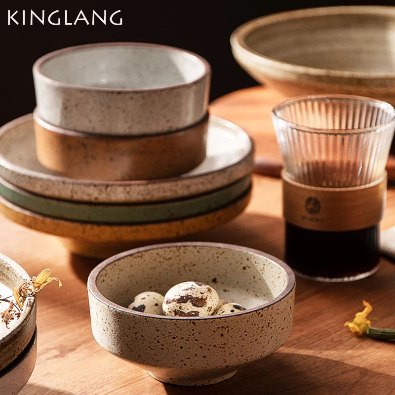 KINGLANG Retro Eating Bowl Household Coarse Pottery Japanese Style Rice Bowl Noodles Bowl Personality Creativity Single Bowl