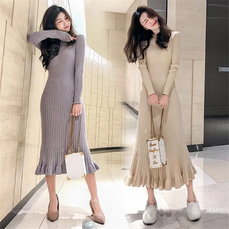 

sweater dress women thick mermaid maxi o-neck long sleeve knitted dress 2019 autumn winter elegant female a-line slim sexy dress