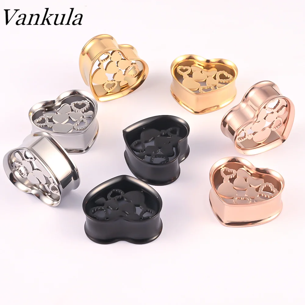 Vankula 2PCS Stainless Steel Heart Shape Ear Gauges Ear Tunnels Plugs Expander Piecing Body Jewelry
