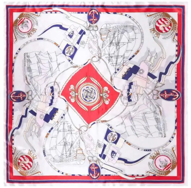 90*90cm Luxury Brand Women Silk Scarf Hand Drawing Sailing Boat Design Square Scarves Spring Summer Shawls For Ladies