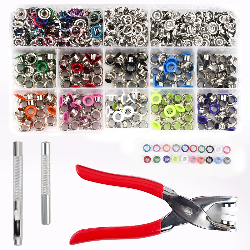 1pc Plier+1set Eyelets Tool+100 sets 10 Colors 9.5mm Prong Snap Buttons Fasteners Press Studs Poppers Buckle+200pcs 5mm Eyelets