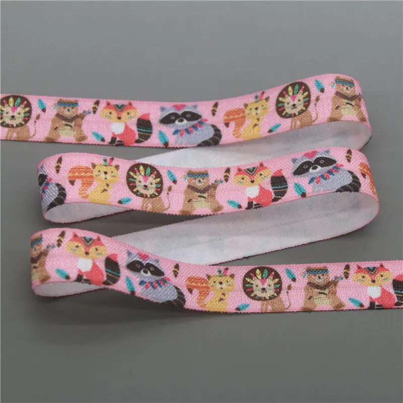 DHK 5/8\'\' 5yards animals fox sloth printed Fold Elastic FOE stretch ribbon hairbow headwear headband DIY OEM C1728