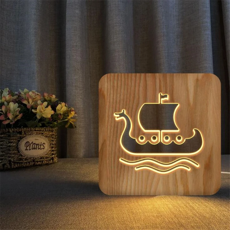 

2021 Lamp for Children's Room Led Night Light wooden dragon boat modeling Table Light Christmas Wood nightlight Decoration led