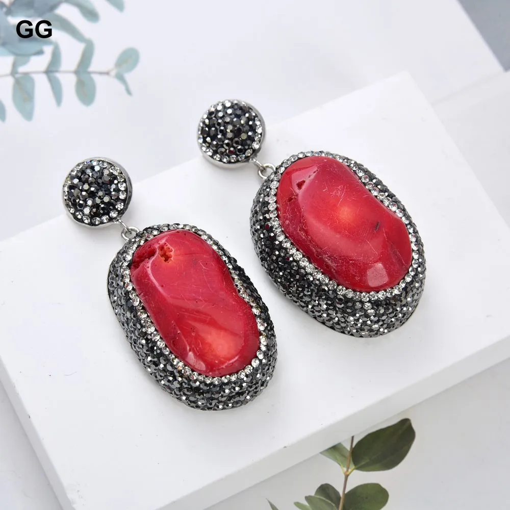 GG Natural Red Coral Nugget Trimmed With Marcasite Crystal Dangle Earrings