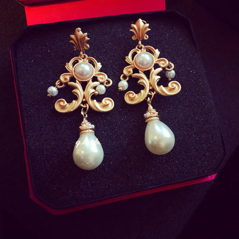 Retro Luxury Baroque Bride Earring For Women Euramerican Palace Vintage Pop Pearl Earrings