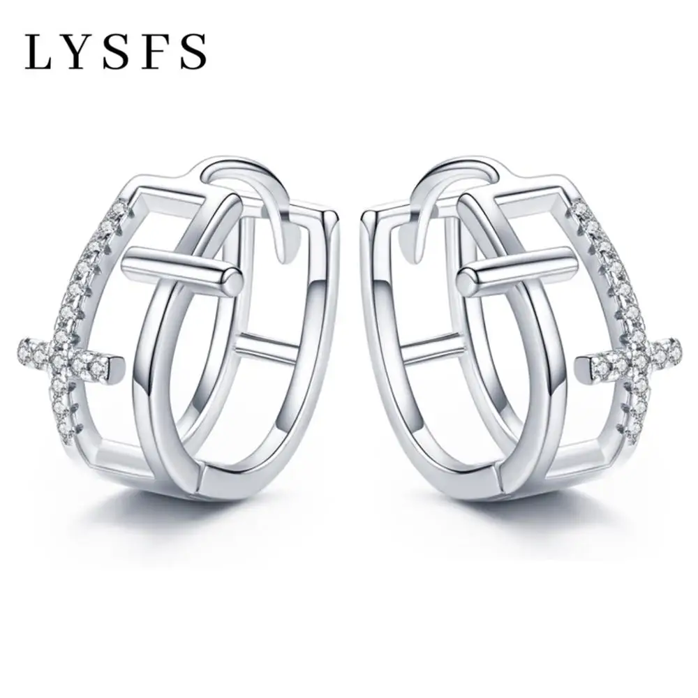 

LYSFS Silver Hoop Earrings for Women Cross 925 Sterling Silver AAA CZ Hoops Female Mode Bijoux Brincos 2019 New
