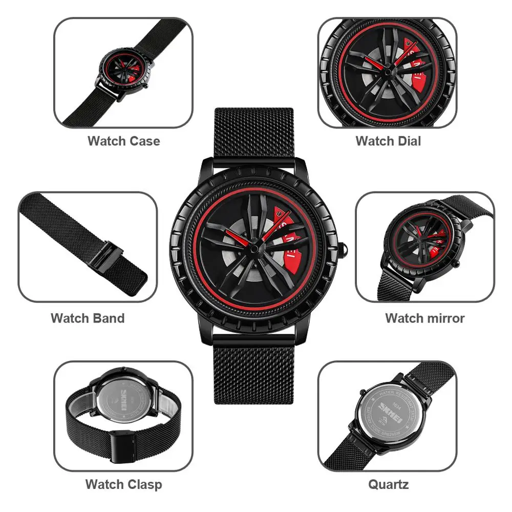 SKMEI Mens Watches Top Brand Luxury Car Wheel Rotating Dial Creative Watches Waterproof Quartz Man Wrist Watch Relogio Masculino