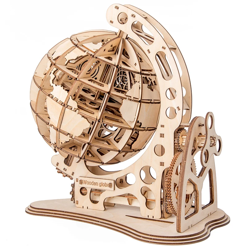 Wooden Globe Puzzle 3D DIY Mechanical Drive Model Transmission Gear Rotate Assembling Puzzles Home Office Decoration Toys Adults