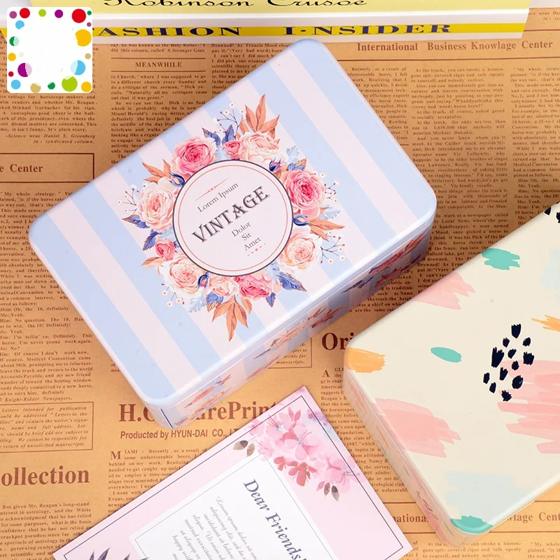 Large Rectangular High Storage Iron Box Lid Desktop Sundries Finishing Stationery Container Vintage Flower Candy Jewelry Case