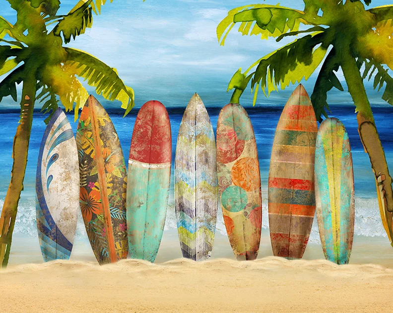 

Surfboard Palm Tree Sea Ocean Hawaii Sandy Beach background High quality Computer print scenic photo backdrop